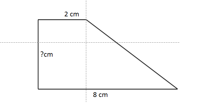 Правоъгълен трапец има лице 32 cm2 Голямата основа е 8 cm а малката основа е 2 cm Малкото бедро на трапеца има дължина