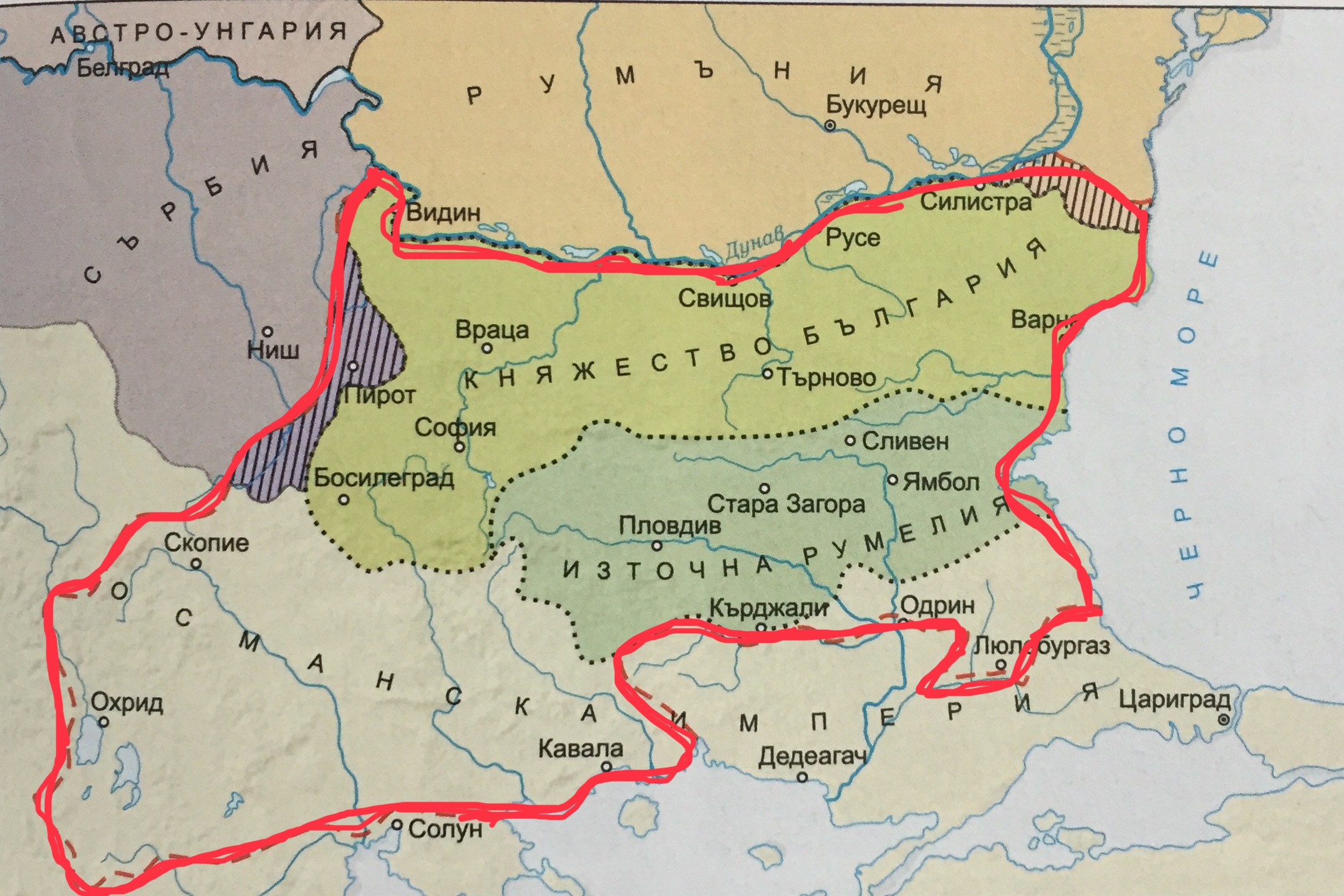 Тази карта показва границите на България 